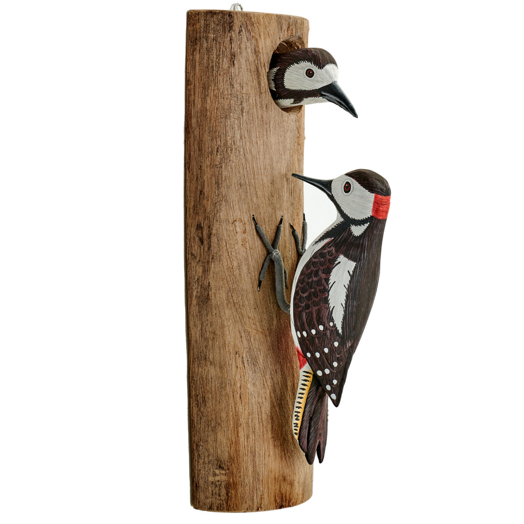 Wall mounted wooden spotted woodpeckers
