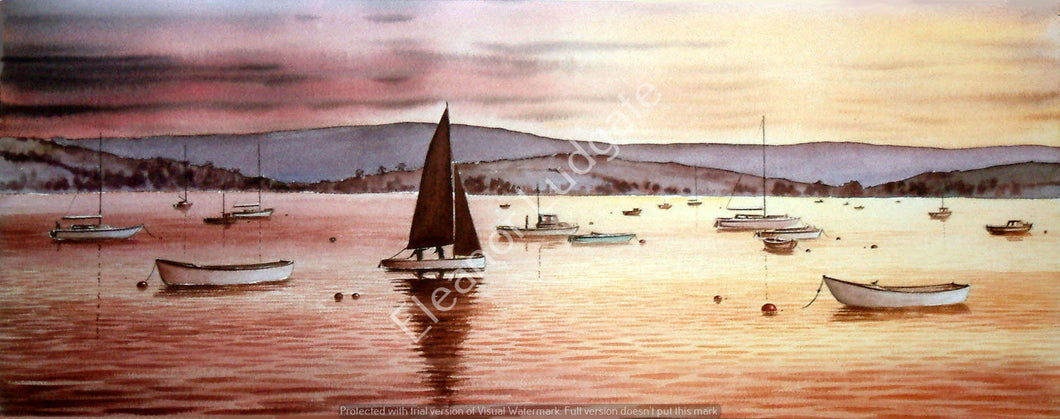 Sunset on the river signed print